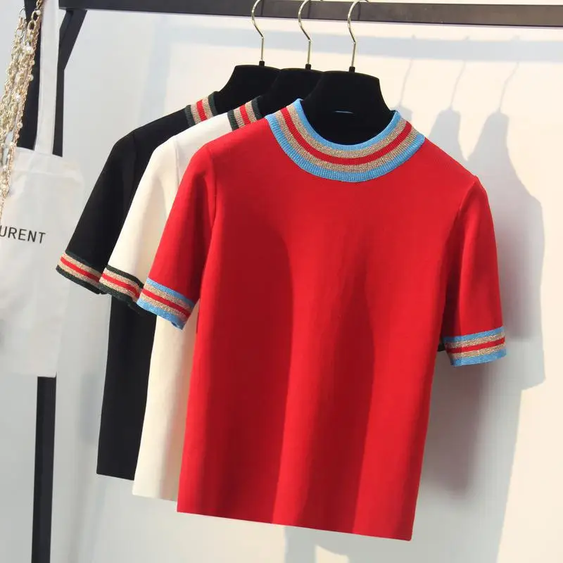 

Lurex Rayon Sweaters Women 2019 Summer Knitting Tops Female Pullovers Red White Black Femme Pull Knitted Tees Ladies Clothing