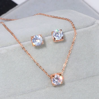 

Luxury Crystal Wedding Jewelry Sets Rose Gold-Color 316L Stainless Steel Necklaces Stud Earrings Jewelry Sets for Women WX080