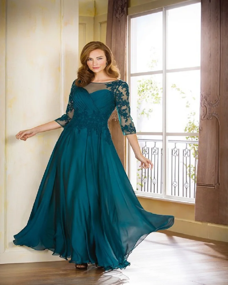 

Appliques Three Quarter Sleeves Pleats Lace Mother of the Bride Plus Dress 2019 Long Plus Size Mother Gowns Iluson Back