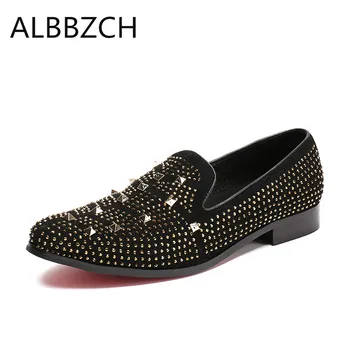 

Spring summer autumn mens fashion rivets rhinestone genuine leather casual shoes men loafers slip on evening party dress shoes