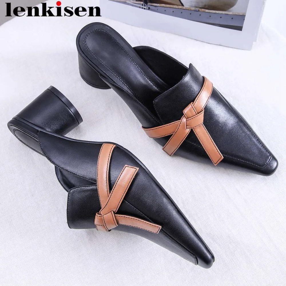 

Lenkisen 2019 natural leather round med heels slip on suqare toe mixed colors mules gorgeous streetwear elegant brand shoes L17