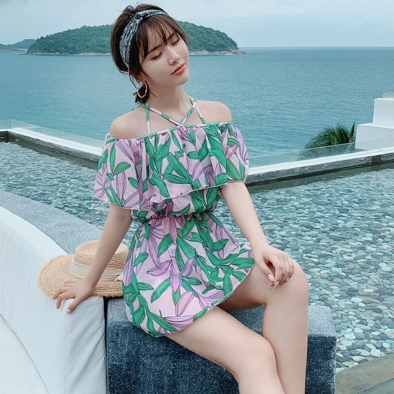 

2019 New Style Two Piece Suits Women Big Foliage Print Swimsuit Bandage Flouncing Swimwear Summer Lady Natatorium Bathing Suit