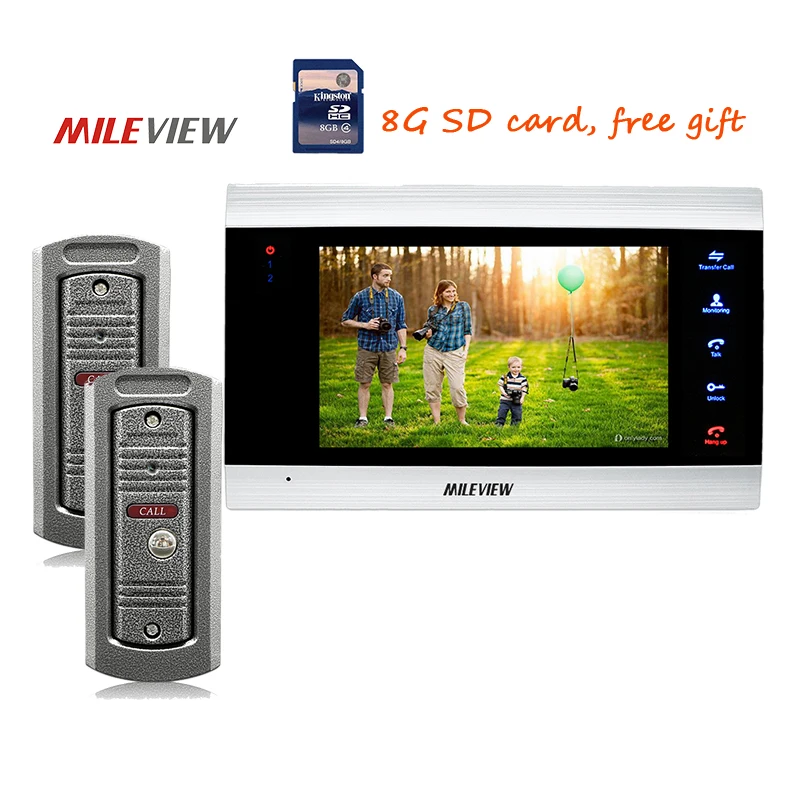 

Free Shipping 720P AHD HD 7" Color Screen Video Intercom Door Phone Unlock Recording System + 2 Metal Outdoor Doorbell Cameras