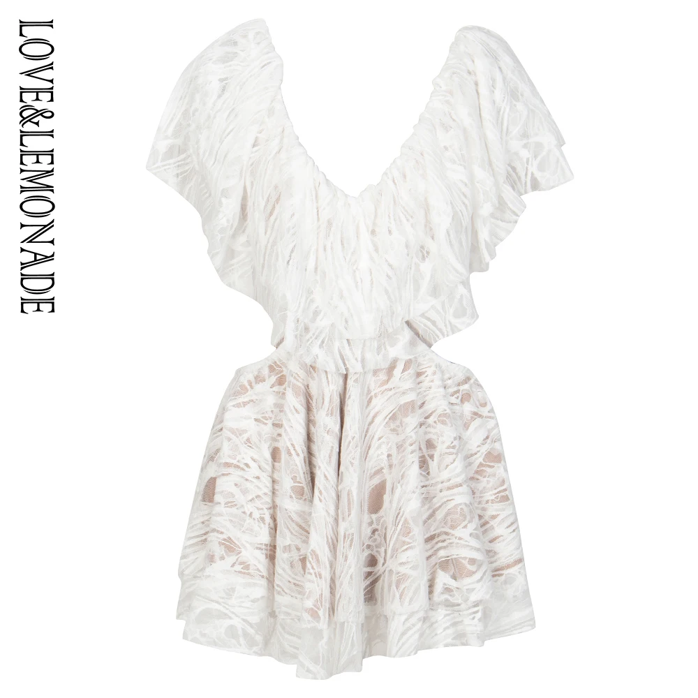 

Love&Lemonade V-Neck Double Ruffles Lace Ball Gown Dress LM81369-1WHITE