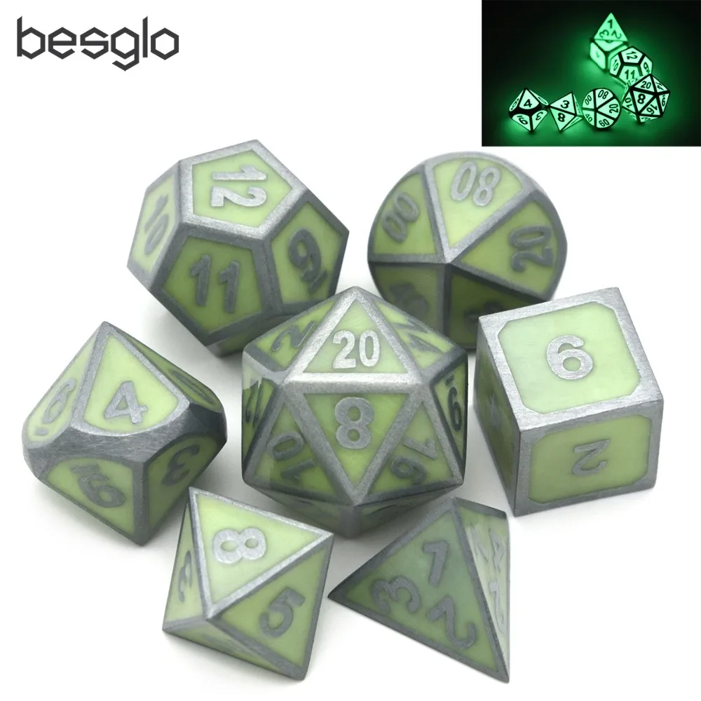 Goede Super Heldere Zware Glow In The Dark Metal Dice Set van D4, D6, D8, D10, d12, D20 Diverse Polyhedral Vormen voor DnD, RPG, MTG Dice Game