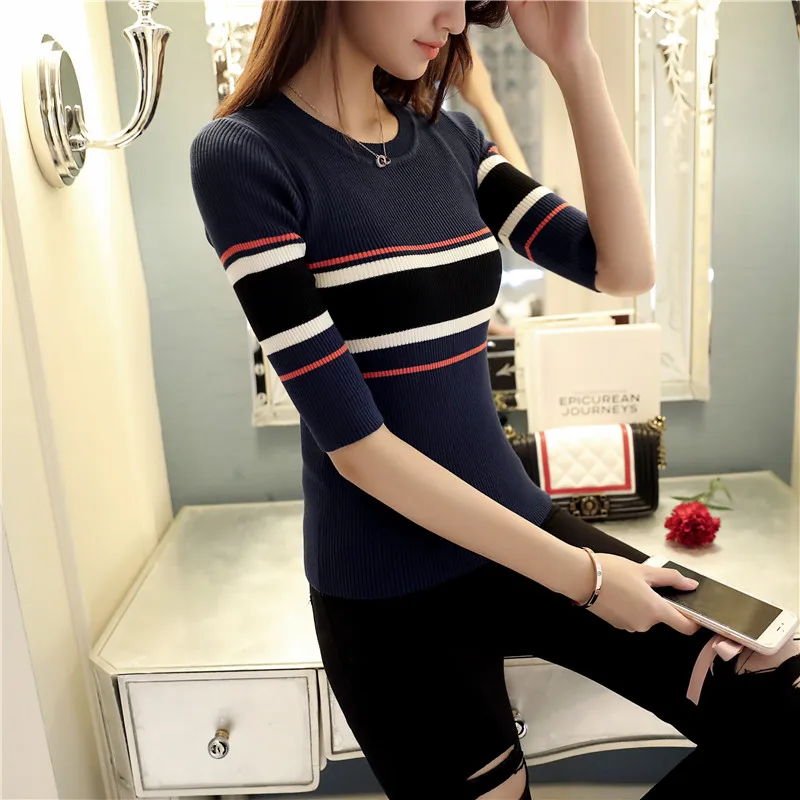 2017 New Fashion High Quality Brand Spring Summer Sweater Women thin short-sleeved O-neck Geometric Striped Knitted Sweaters