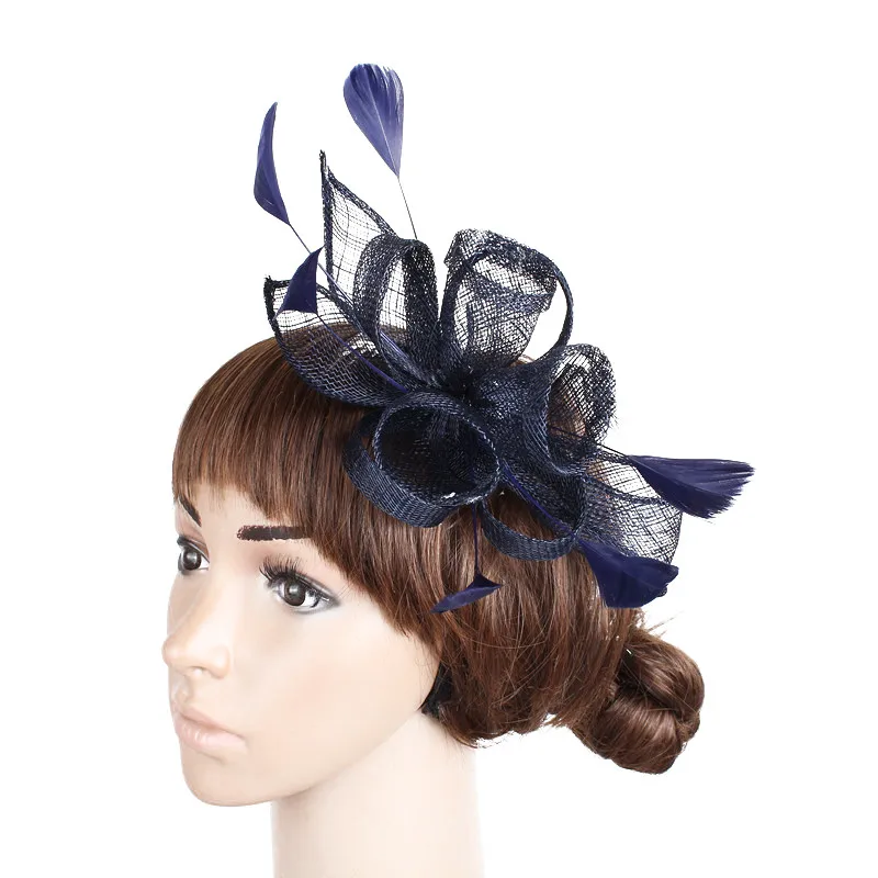 Элегантные женские украшения для волос шляпа гребни Необычные перо аксессуары для волос для свадьбы гонки Коктейльная Церковь Дерби головные уборы SYF231 - Цвет: Тёмно-синий