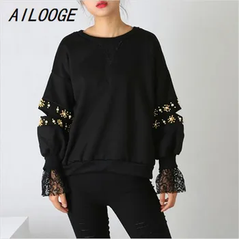 

AILOOGE 2017 Autumn New Heavy Round Neck Split Hoodies Sweatshirt Stitching Lace Long-sleeved Casual Sweatshirt Women