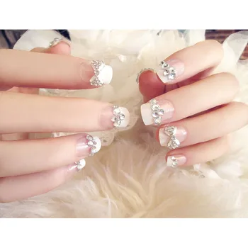 

Cute Bowknot Full Cover False Nail DIY Transparent Color Nail Art Tips with Glue Bride Wedding Shining Rhinestone False Nails