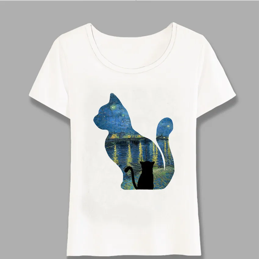 

Cat Watching The Starry Night Over The Rhone T-Shirt Women T-Shirt Casual Tops Fashion Tee Van Gogh Painting t-shirt Harajuku