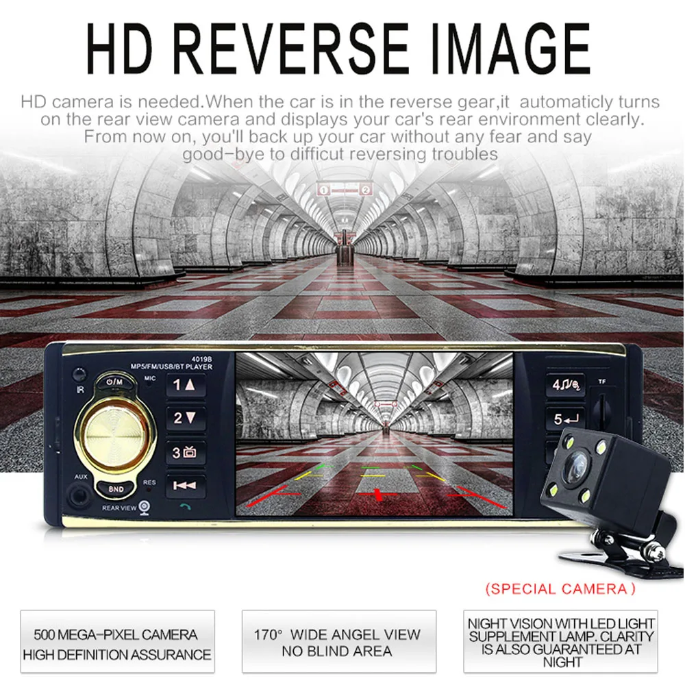 Podofo 4,1 pulgadas 1 Din Radio de coche Audio estéreo AUX FM estación de Radio Bluetooth Autoradio con cámara de visión trasera remota control
