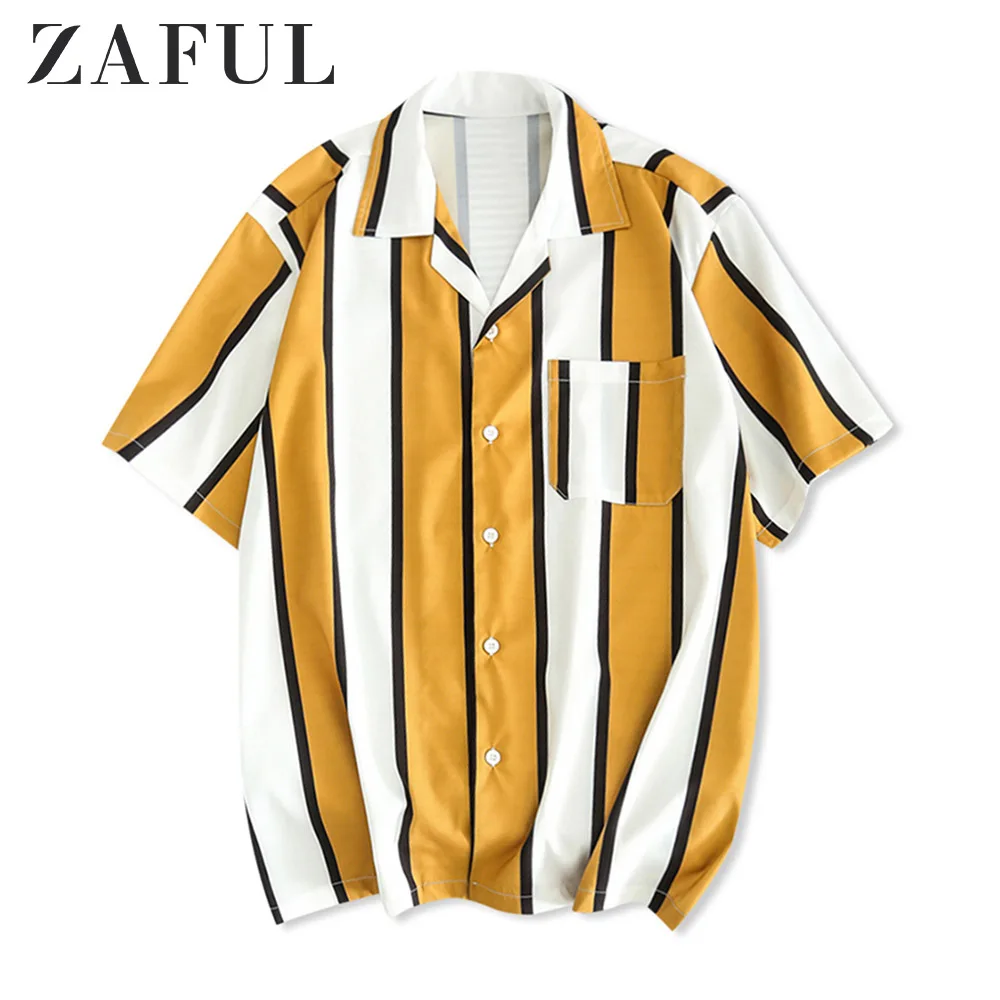 

ZAFUL Color Block Stripes Print Casual Shirt Chest Pocket Turn-Down Collar Short Shirts Casual Holiday Women/Men Summer Shirts