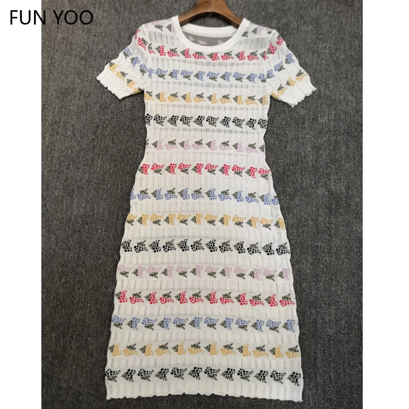 

2019 Female Geometric Hollow out Cotton Dress Short Sleeve Knee-Length O-neck Slim Sheath High Street Dress
