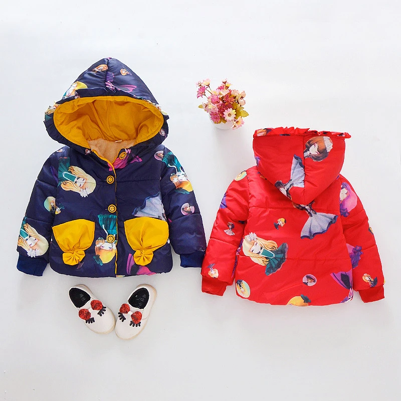 

Winter Newborn Children Plus Velvet Cute Cotton Jacket Hooded Infant Clothing Baby Costume Girl Coat Graffiti flower Clothes