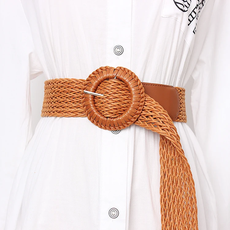 

Wooden Buckle Dress Belt For Women Casual Female Braided Wide Strap Female Designer Woven Girls Elastic PP Straw Belts BZ250