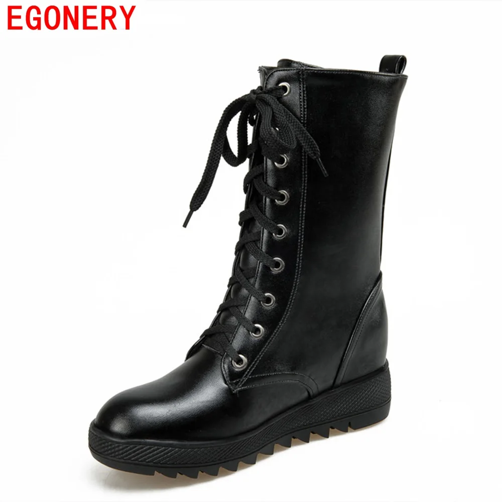 

EGONERY Casual Lace Up Round Toe Platform Hidden Heel Spring Autumn Boots Women Shoes Martins Riding Short Boot Plus Size
