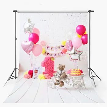 

Pink Flowers Candle One Birthday Party Backdrops Backgrounds for Photography 5x7 White Vinyl Floor Ice Cream Cake for Princess