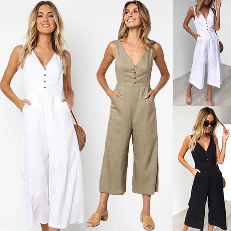 

Womens Jumpsuits Casual Button Deep V Neck Sleeveless High Waist Wide Leg Jumpsuit Rompers with Pockets