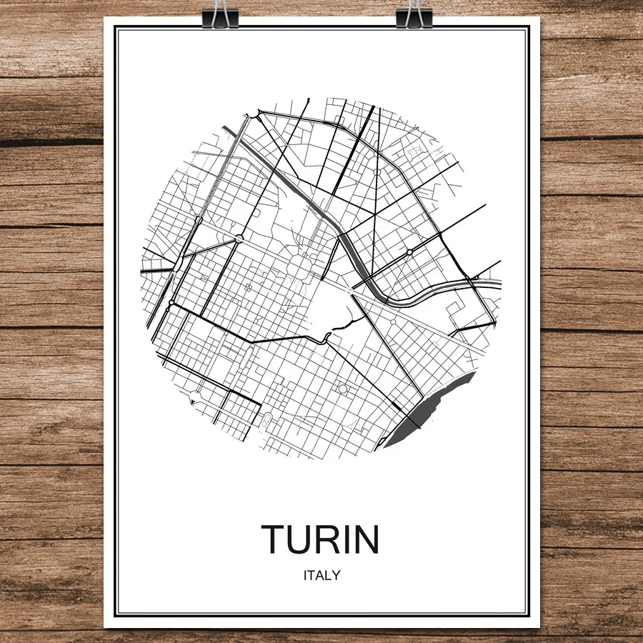 

TURIN Italy Black White World City Map Modern Print Poster Coated Paper for Cafe Living Room Home Decoration Wall Art Sticker