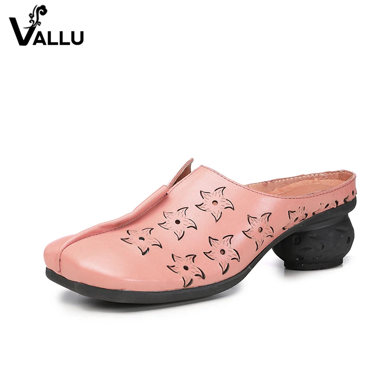 

High Heel Slippers 2018 Cover Toe Shoes Woman Original Leather Block Heel Leisure Slide Sandals Female Star Fretwork Shoes