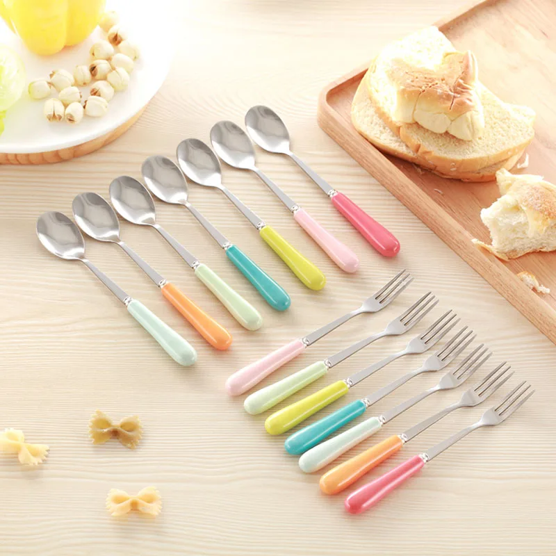 

2Pcs Cartoon Kitty/ Heart-shaped/ Colorful Stainless Steel Spoon and Fork Soup Coffee Spoons Dinnerware Flatware Gift