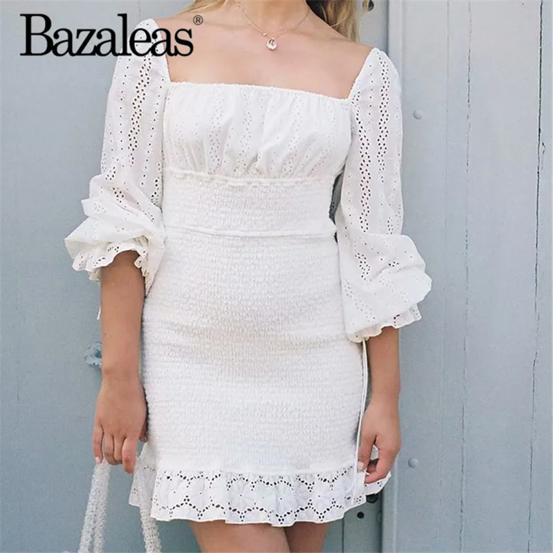 

Bazaleas Vintage Ruffles Dress Cotton White Hollow Out women Dress Holiday Elastic Waist vestidos women Dresses Casual