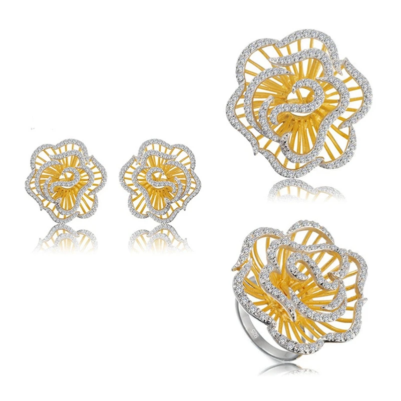Eulonvan luxury 925 sterling silver wedding Flower jewelry sets for women (ring/earring/pendant) White Cubic Zirconia S-3792set | Украшения