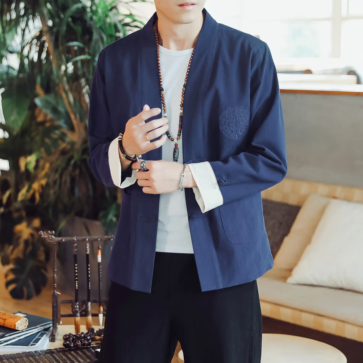 

#4390 Spring 2019 Black Blue Grey Kimono Jacket Men Casual Vintage Embroidery Plus Size 4XL 5XL Chinese Style Jackets Male Retro