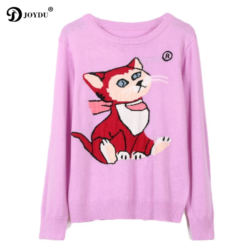JOYDU 2018 New Autumn Jumper Cute Cat Cartoon Pattern Long Sleeve Knitted Sweater Women Purple Sweet Runway Harajuku Top | Женская