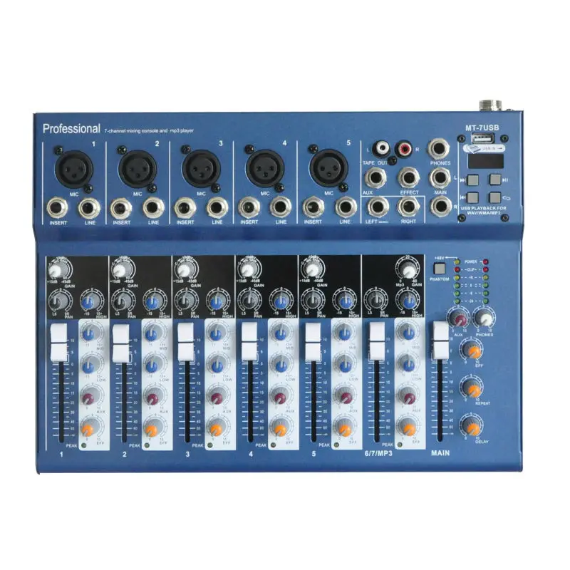 

Freeboss MT-7 5 Mono + 1 Stereo 7 Channels USB Professional DJ Audio Mixer Console with 48V Phantom