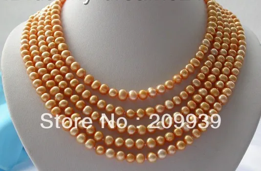 

huij 002771 RARE CLASSICE 5strands 6-7mm golden round freshwater pearls necklace
