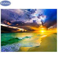 Kufwkey Новое поступление, алмазная картина "Закат море пляж" вышивка ручной работы фото на заказ индивидуальная мозаика настенный Декор для дома