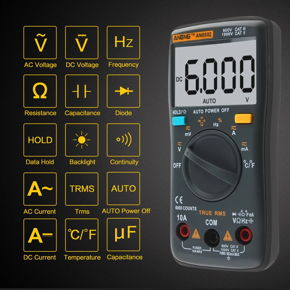

ANENG AN8002 Multimeter 6000 Counts Back Light AC/DC Ammeter Voltmeter Ohm Frequency Diode Temperature Tester