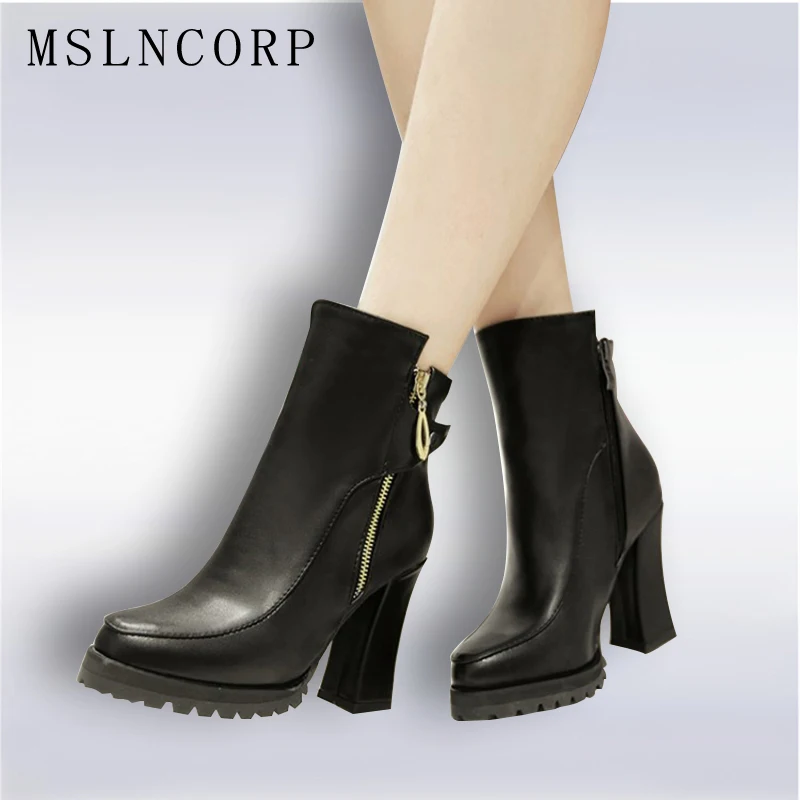 

Size 34-45 Autumn Winter Zipper Women boots Platform High heels Ladies Rivet Martin Leather boots Square heel Snow Boots Shoes