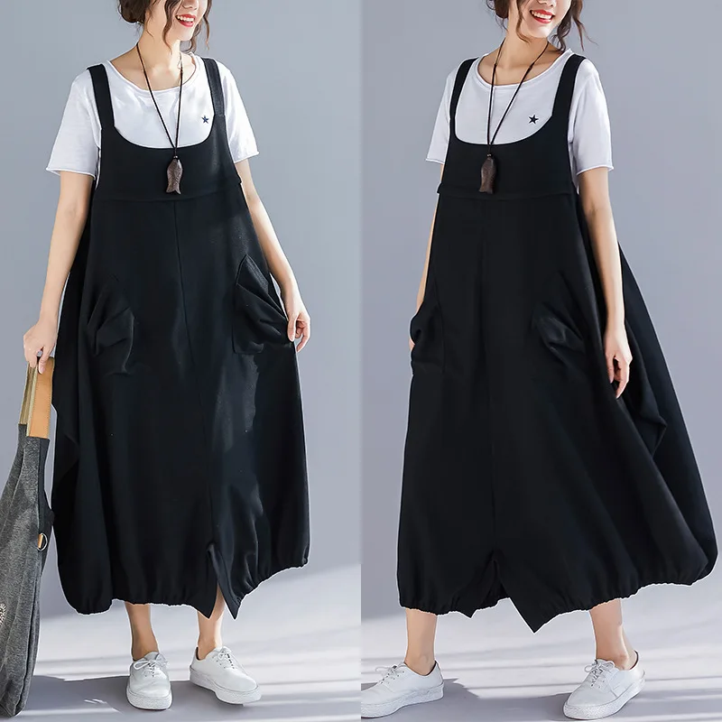 

2019 female new spring and summer plus size flow fashion big pocket strap wide Leg loose skirt dress