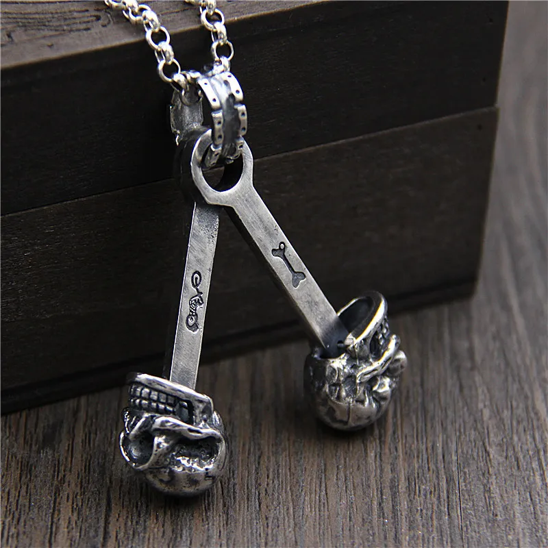 

C&R Real 925 Sterling Silver Double Skull pendant retro Thai silver Necklace Neo-Gothic jewelry Fine Jewelry