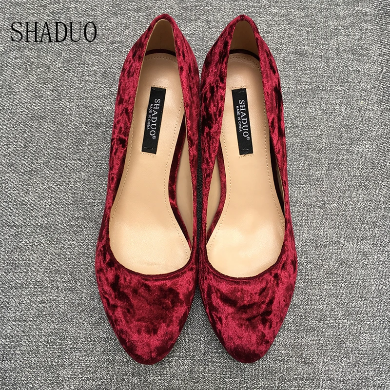 

2018 shaduo top quality Genuine Leather Velvet garden high heel metal heel high heels 7.0cm