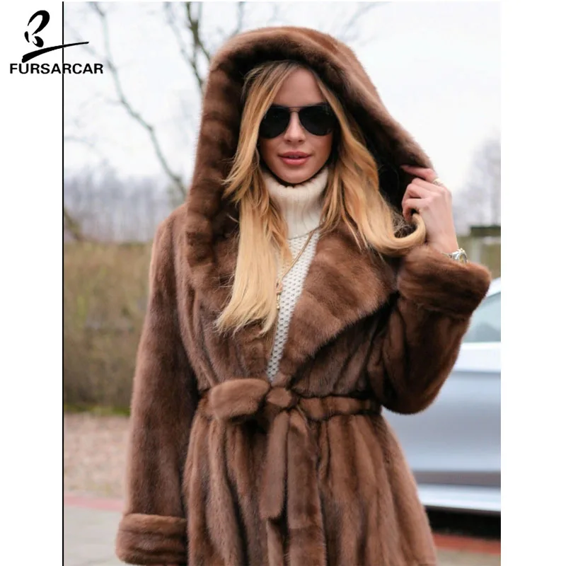 FURSARCAR 2018 New Women Real Mink Fur Coats With Big Fur Hood Full Pelt Thick Long Jacket Female Mink Fur Coat Coats