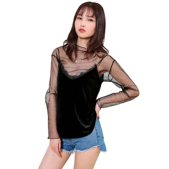 

Women Lady Top Mesh Long Sleeve High Collar Hollow for Summer Beach Party JL