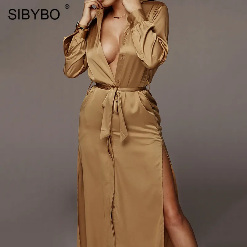 Sibybo сатиновое свободное сексуальное длинное платье с разрезом, женское летнее платье-рубашка с длинным рукавом и поясом, платье на пуговицах, пляжная одежда, макси Вечерние платья - Цвет: As Shown