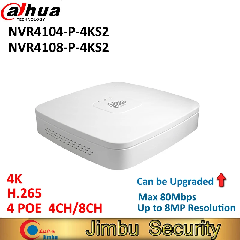 Dahua 4 K NVR NVR4104-P-4KS2 NVR4108-P-4KS2 H.265 видео Регистраторы P2P 4Ch 8Ch 4PoE порт до 8MP Разрешение может быть обновления