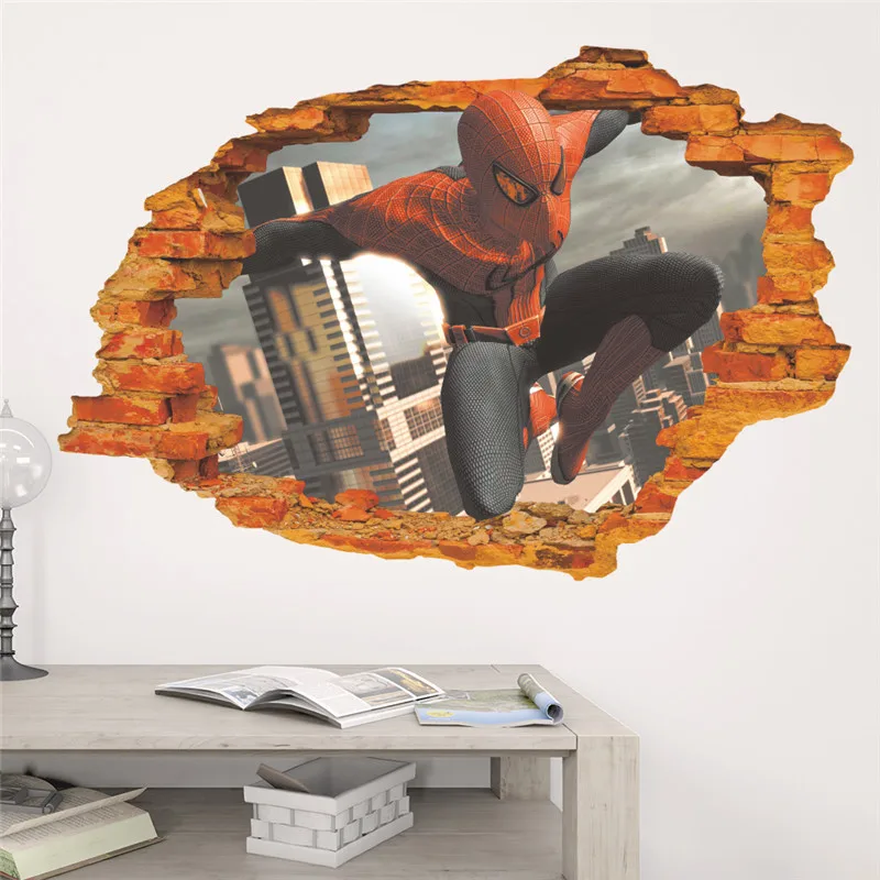 Cartoon 3d Effect Broken Brick Spiderman Wall Sticker For Kids Rooms Children's Decals Boy's Room Decor Mural Poster gift | Дом и сад