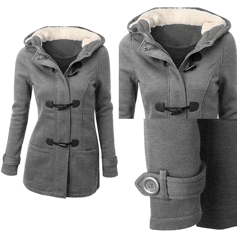 2019 Large Size Women's Horn Buckle Pocket Hooded Long Sleeve Jackets Coat Women S/M/L/XL/2XL/3XL/4XL/5XL