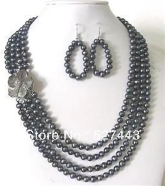 

Wholesale free shipping >>4 Rows 7-8MM Black Pearls Necklace Earrings Set