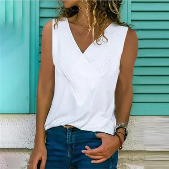

2019 Summer Top Cotton Blends Womens T-Shirts New Sexy V-neck Vest Casual Sleeveless T-shirt Tees Women Plus Size 5XL White Red