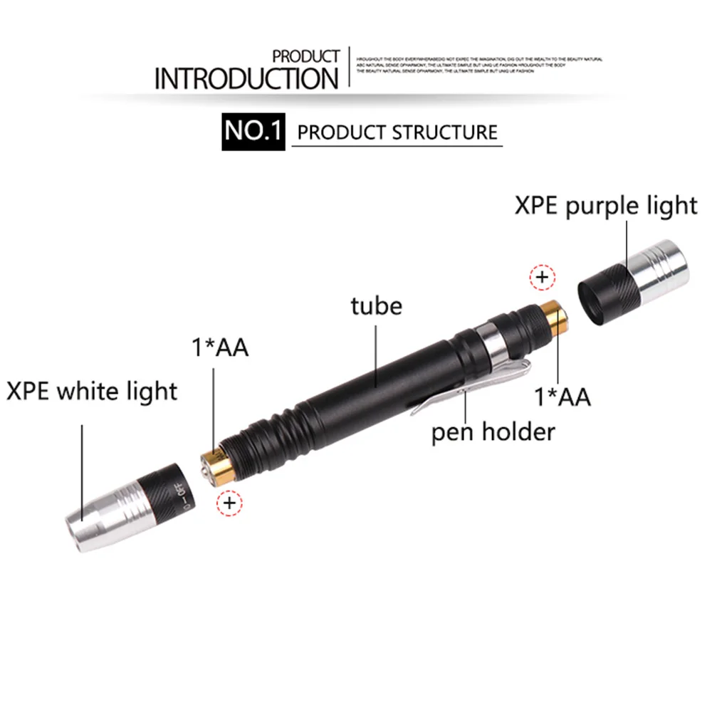 Мини-ручка УФ-светильник 2 в 1 Многофункциональный 395nm Ультрафиолетовый фонарь белый фиолетовый ручка светильник фонарик с детектором для тестирования