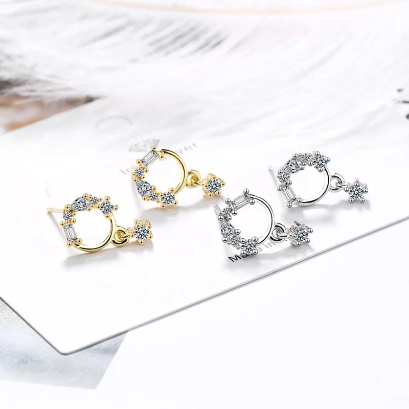 KOFSAC New 925 Sterling Silver Stud Earrings Lady Popular Zircon Circle Tassel Small Earring For Women Jewelry Party Accessories | Украшения