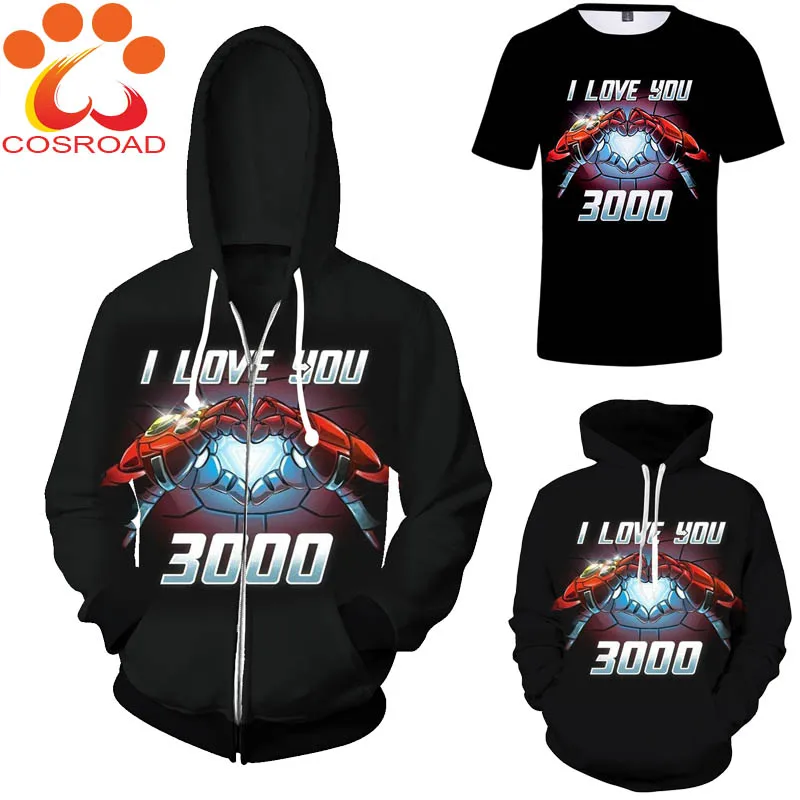 Cosroad Avengers 4 Endgame Iron Man Cosplay Tony Stark I Love you 3000 Hoodie Sweatshirt Adult Jacket Coat Costume Tops