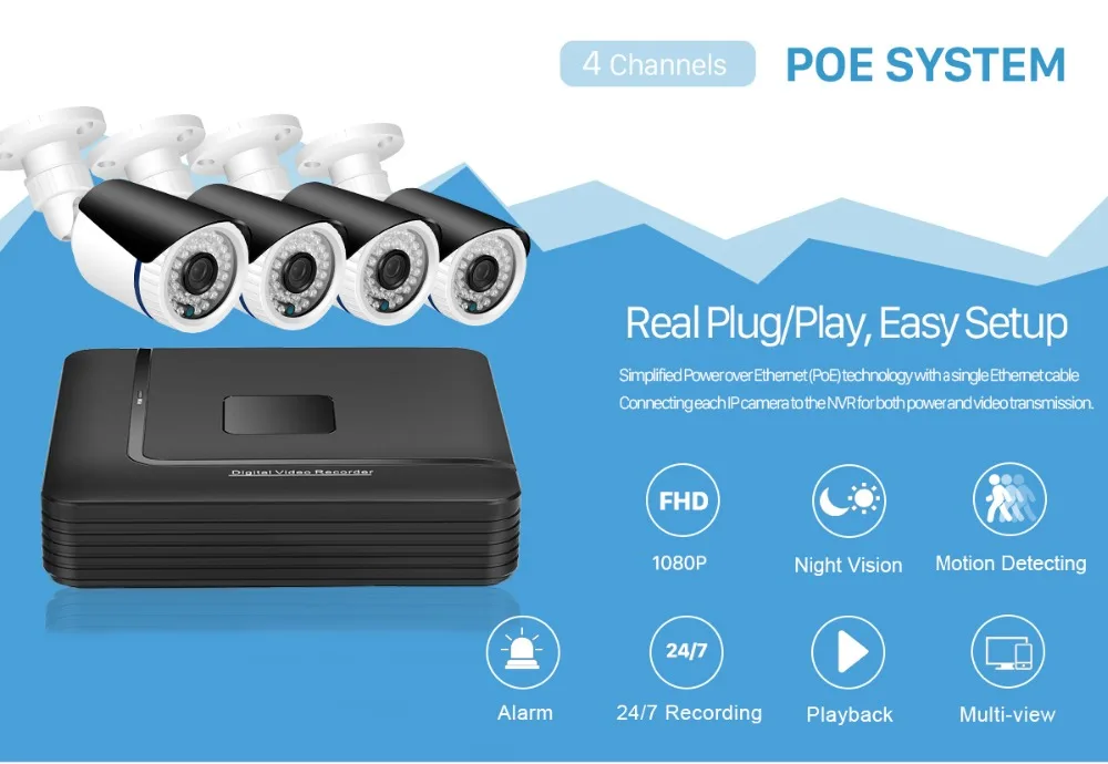 ANBIUX 4CH 1080P POE NVR CCTV система безопасности 4 шт. 2.0MP аудио запись IP камера IR P2P Открытый комплект видеонаблюдения 2 ТБ HDD