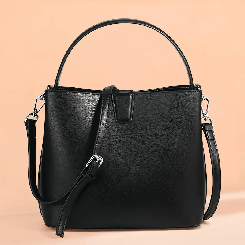 QIAOBAO сумка ведро из натуральной кожи сумка женская воловья сумка через плечо сумки ретро сумочки - Цвет: Черный